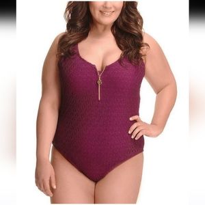 Paramour one piece swimsuit crochet gold zipper underwired purple size 1X